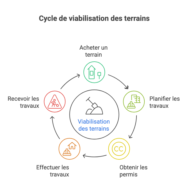 Viabiliser un terrain : quelles démarches, quels travaux et quel budget ? 3 Schéma représentant le cycle de viabilisation d'un terrain