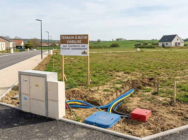 Photo d'un terrain viabilisé avec tous les raccordements prêts à l'emploi