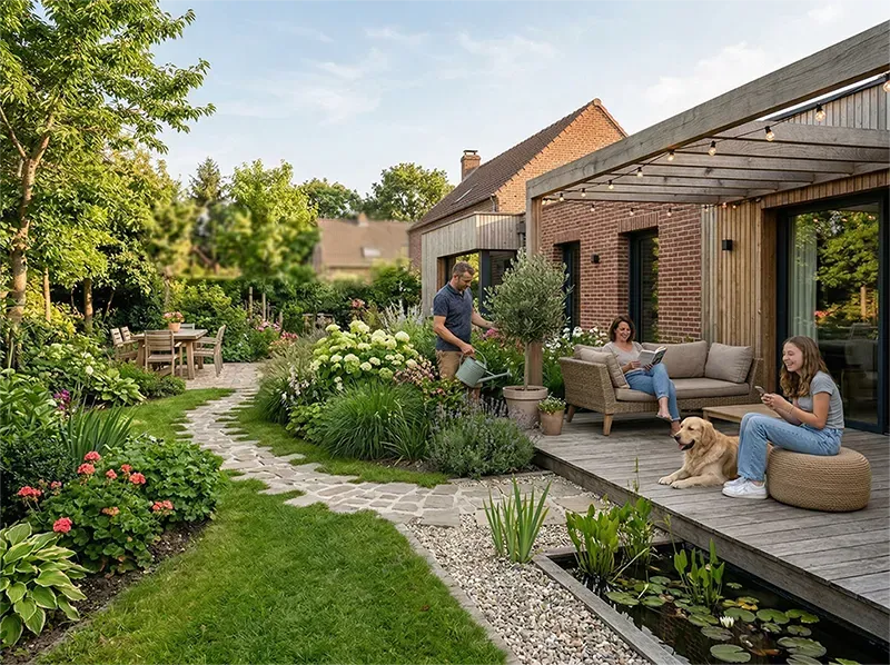 Famille profitant de l'aménagement extérieur de leur maison